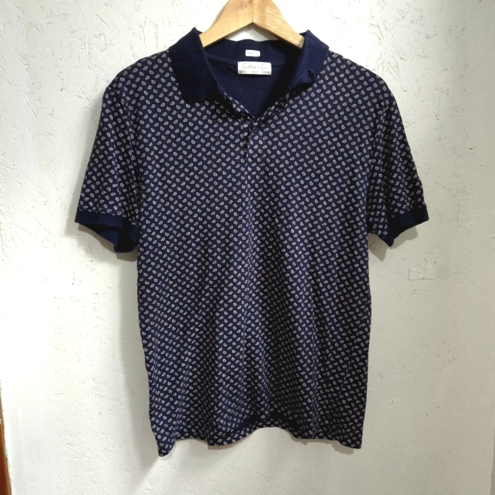 Cotton & Co | Navy Blue Paisley Patterned Mens Polo Shirt